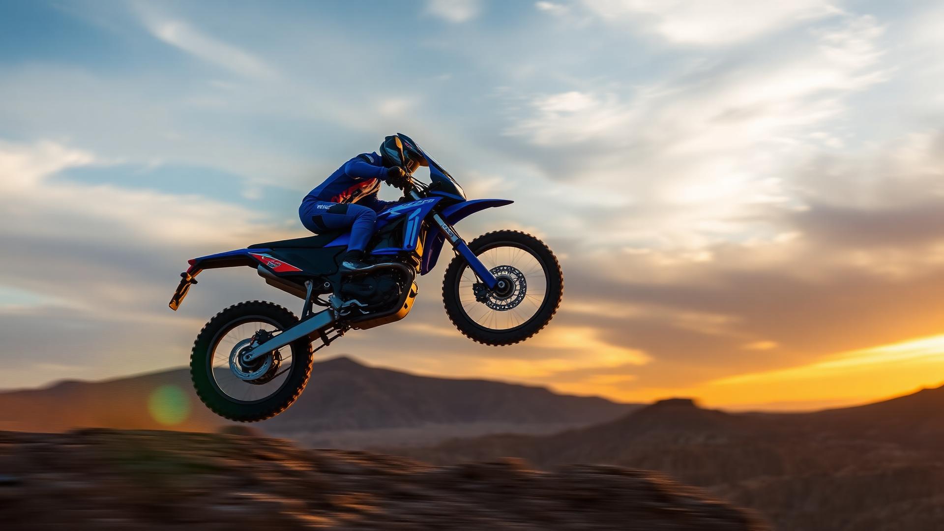 Electric dirt bike jumping at sunset